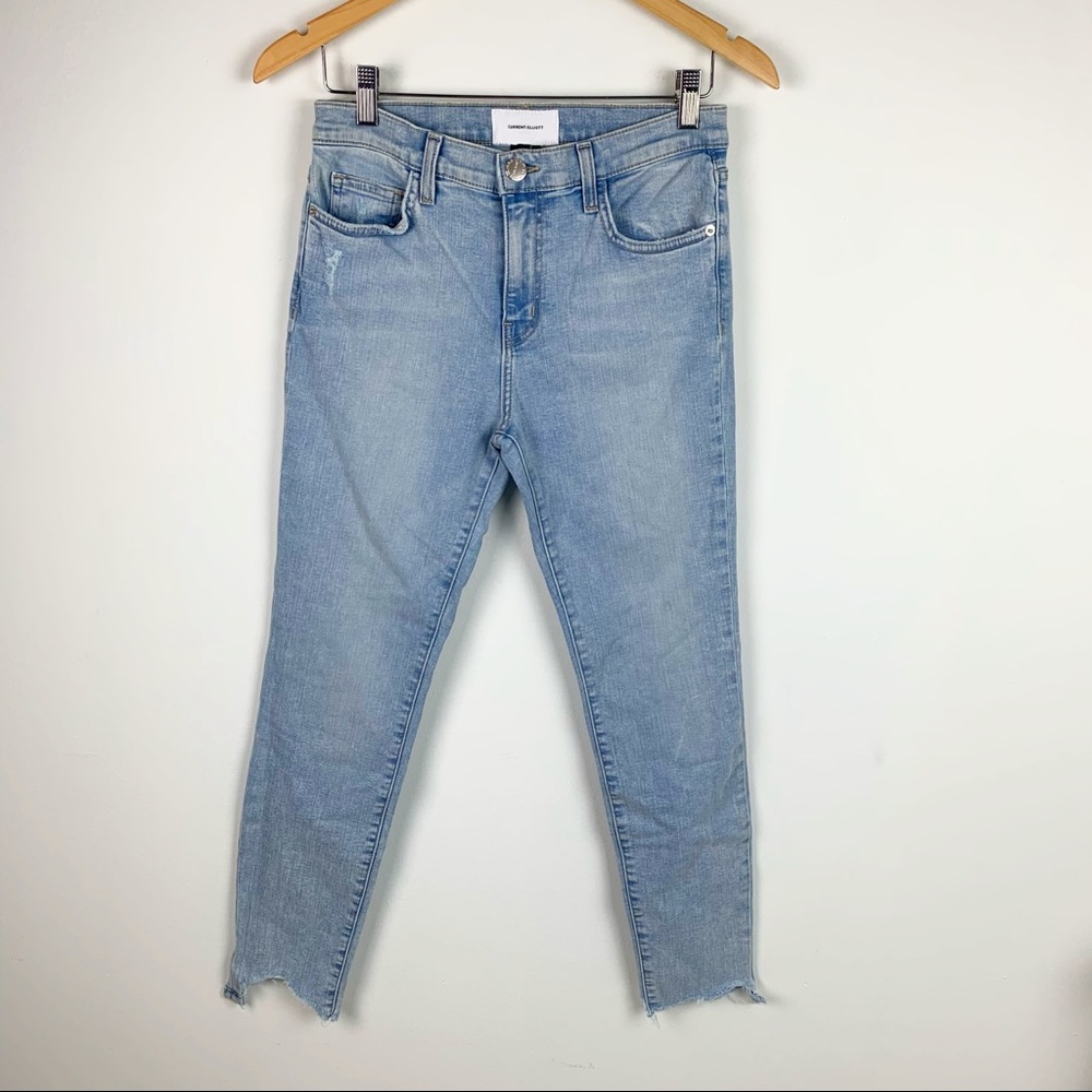 Current/Elliott The High Waist Ankle Skinny Light Wash Distressed Jeans